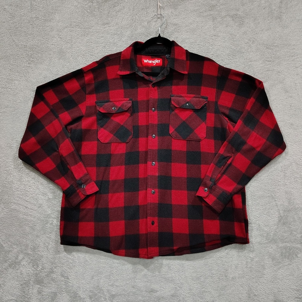 Wrangler Shirt Men's L Buffalo Plaid Fleece Flannel Long Sleeve Button‎ Up Cozy